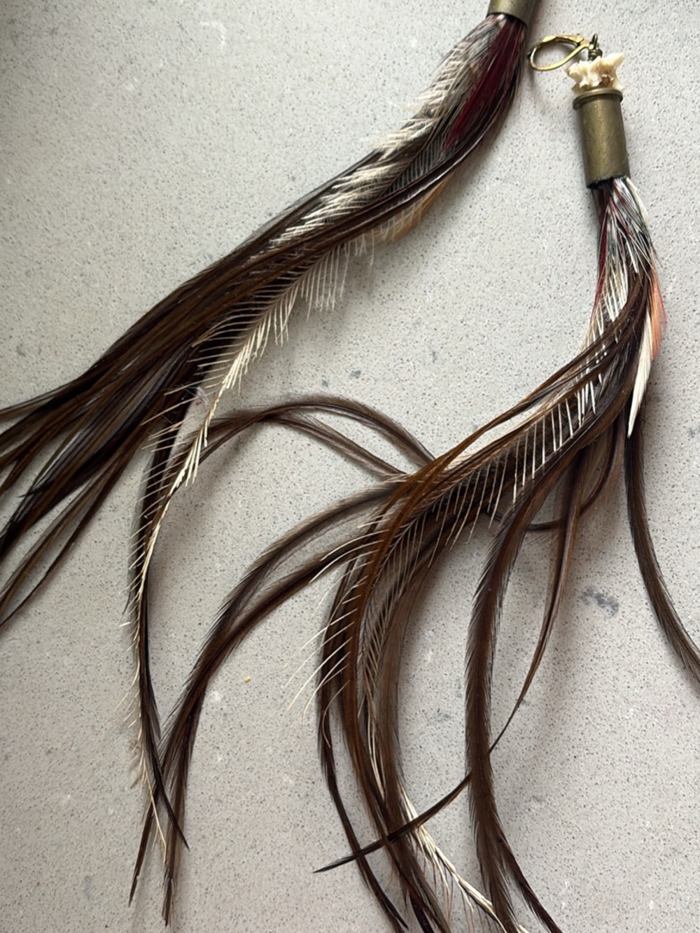 Long Brown Feather Tassel Earrings with Brass Caps and snake bone